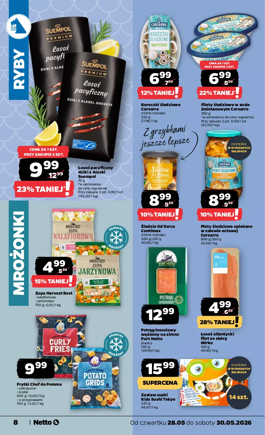 Gazetka promocyjna Netto - Od Czwartku - ważna 28.05 do 30.05.2026 - strona 8 - produkty: Frytki, Kalafior, Koreczki śledziowe, Płaty śledziowe, Por, Pstrąg, Pstrąg łososiowy, Ser, Sos, Suempol, Sushi, Zupa
