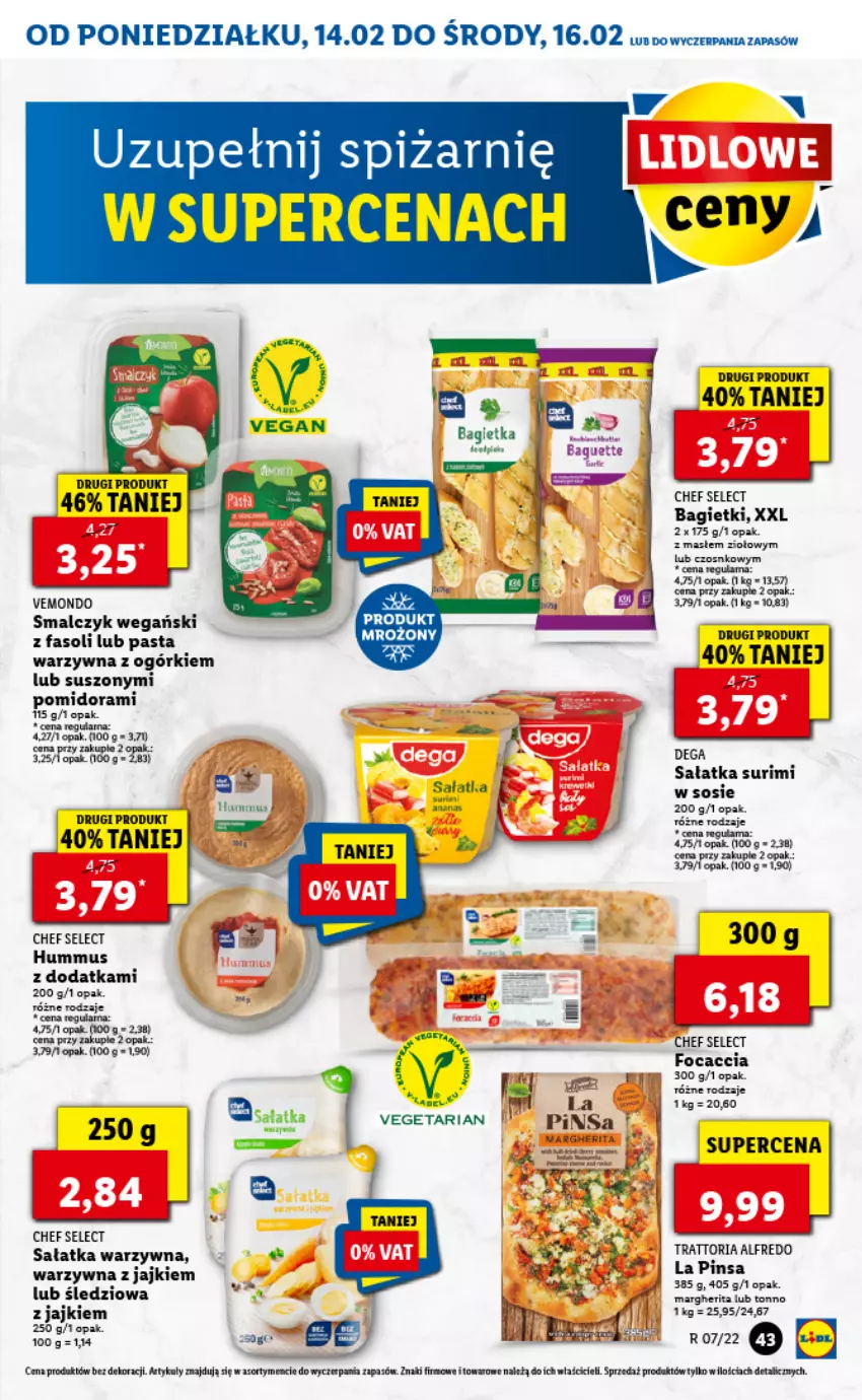 Gazetka promocyjna Lidl - GAZETKA - ważna 14.02 do 16.02.2022 - strona 43 - produkty: Bagietka, Dega, Fa, Focaccia, Hummus, Mus, O Bag, Pasta warzywna, Sałat, Sałatka, Sałatka warzywna, Sos, Surimi