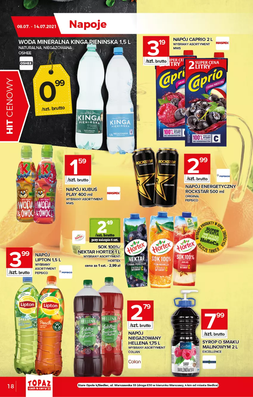 Gazetka promocyjna Topaz - Gazetka - ważna 08.07 do 14.07.2021 - strona 18 - produkty: Hellena, Hortex, Kubuś, LG, Lipton, Napój, Nektar, Oshee, Pepsi, Por, Sok, Syrop