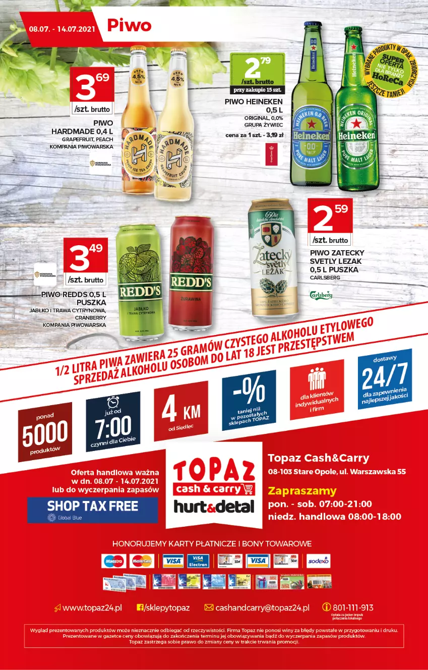 Gazetka promocyjna Topaz - Gazetka - ważna 08.07 do 14.07.2021 - strona 20 - produkty: Carlsberg, Gin, Gra, Heineken, Piwo