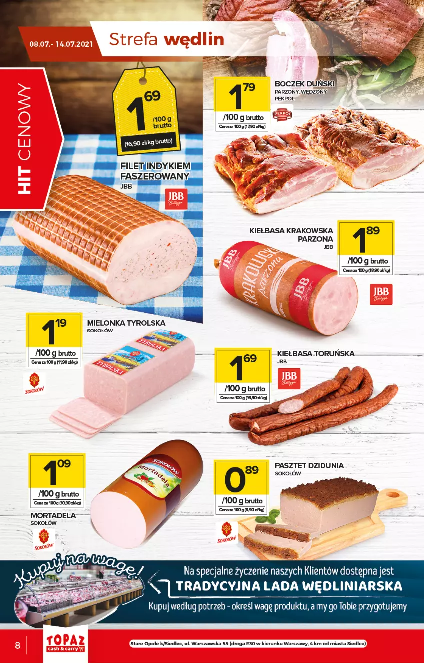 Gazetka promocyjna Topaz - Gazetka - ważna 08.07 do 14.07.2021 - strona 8 - produkty: Boczek, Fa, Kiełbasa, Kiełbasa krakowska, Mielonka tyrolska, Pasztet, Pekpol, Sok, Sokołów