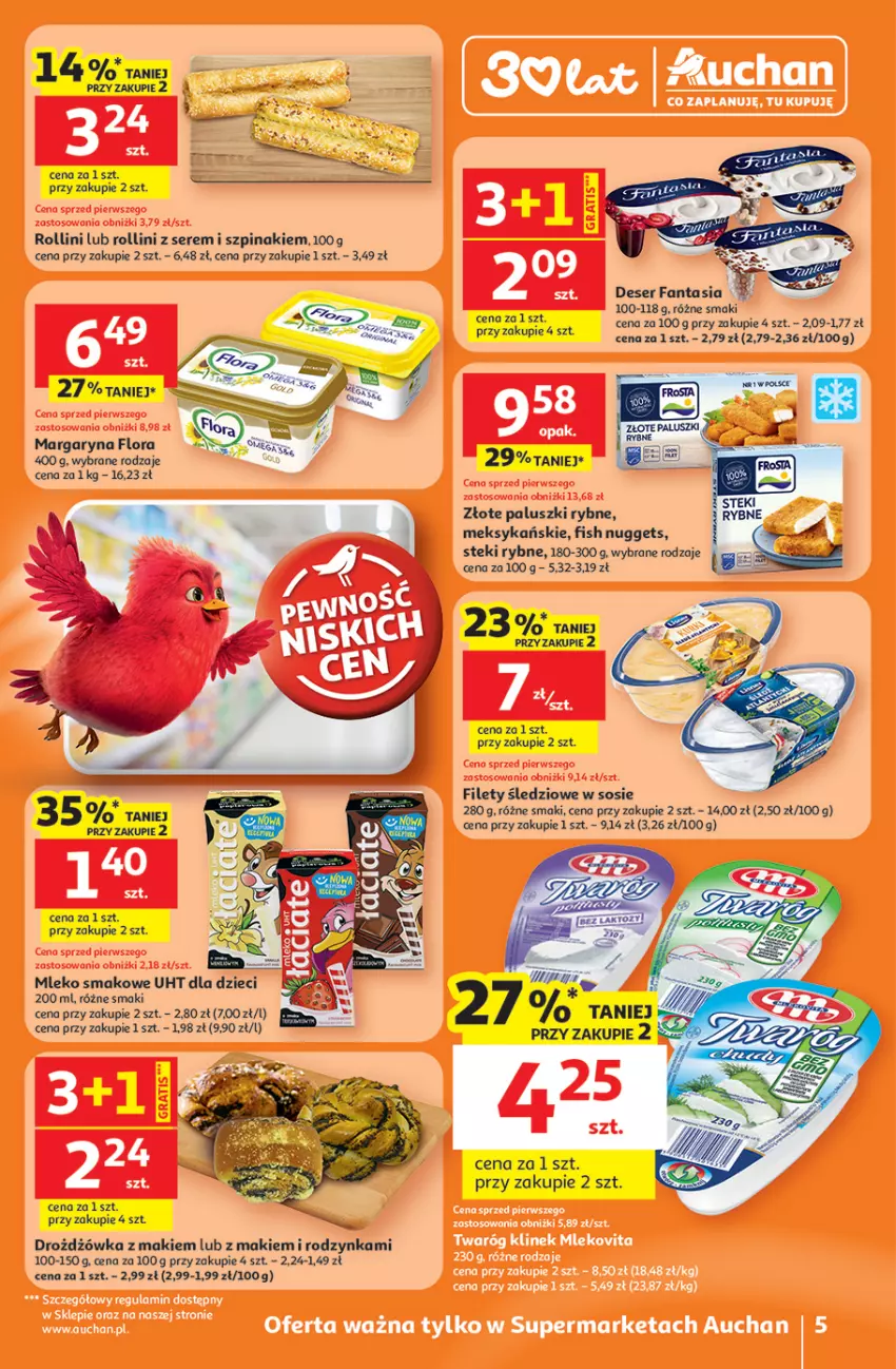 Gazetka promocyjna Auchan - 30 Lat Supermarket - ważna 26.02 do 04.03.2026 - strona 5 - produkty: Deser, Dzieci, Fa, Fanta, Flora, Margaryna, Mleko, Mleko smakowe, Paluszki rybne, Ser, Sos, Stek, Szpinak