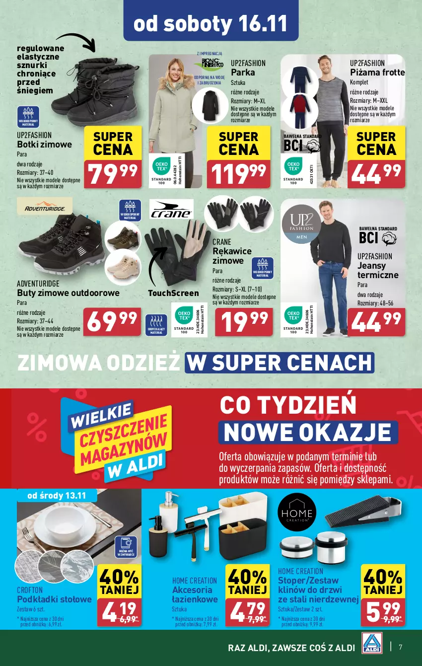 Gazetka promocyjna Aldi - Artykuły przemysłowe i tekstylia - ważna 13.11 do 16.11.2024 - strona 7 - produkty: Botki, Buty, Buty zimowe, Drzwi, Fa, Parka, Piżama, Podkład, Por, Rękawice, Top