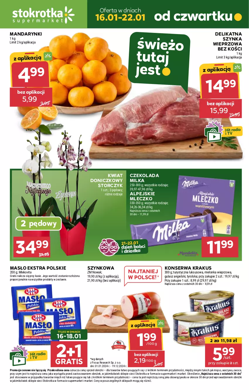 Gazetka promocyjna Stokrotka - Supermarket - ważna 16.01 do 22.01.2025 - strona 1 - produkty: Czekolada, Gra, Krakus, Mandarynki, Masło, Mięso, Milka, Mleczko, Mleko, Mlekovita, NOWAK, Owoce, Por, Ser, Storczyk, Szynka, Szynka wieprzowa, Warzywa