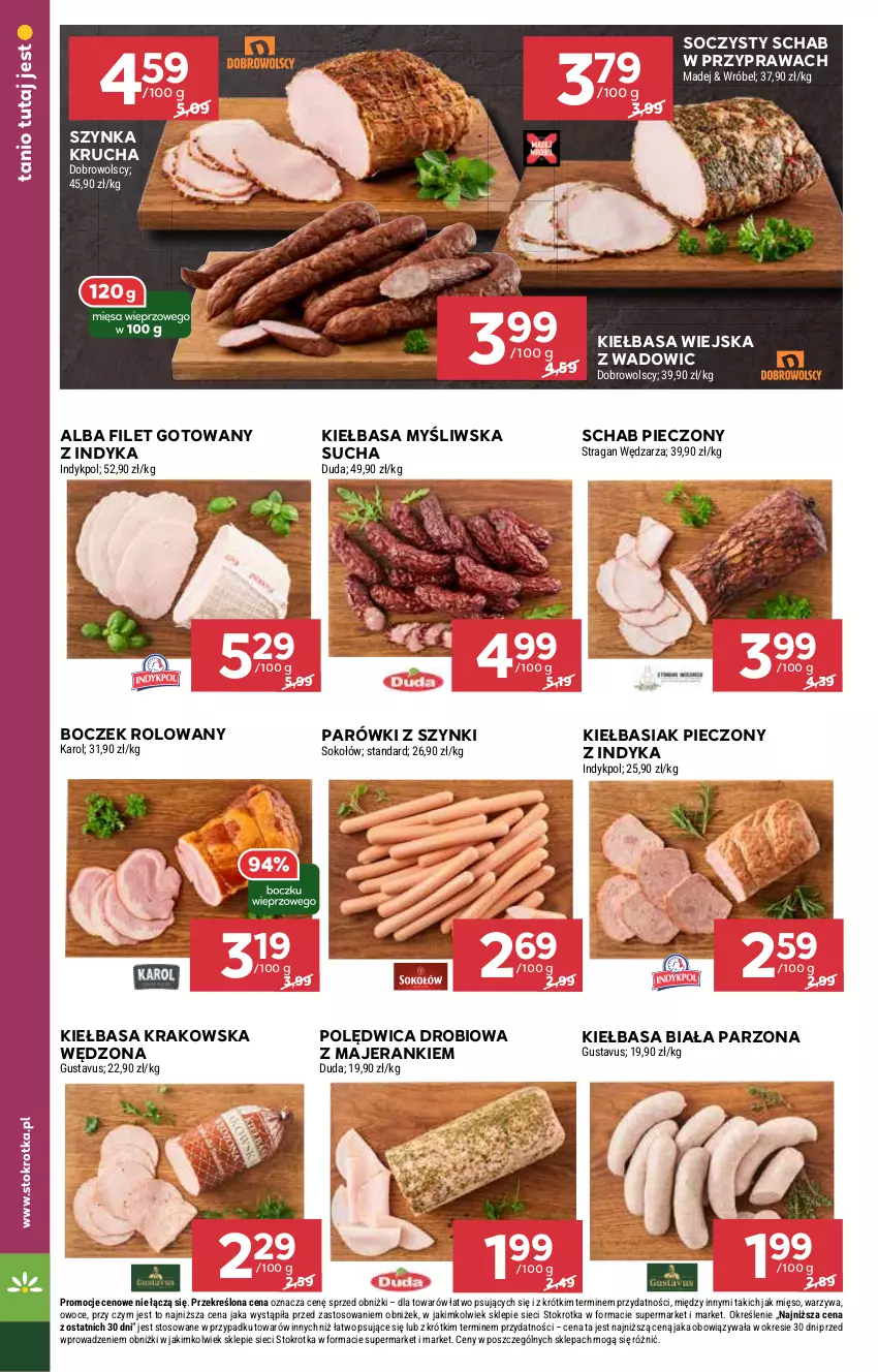 Gazetka promocyjna Stokrotka - Supermarket - ważna 16.01 do 22.01.2025 - strona 10 - produkty: Basia, Boczek, Kiełbasa, Kiełbasa biała, Kiełbasa krakowska, Kiełbasa wiejska, Mięso, Owoce, Parówki, Parówki z szynki, Piec, Polędwica, Schab pieczony, Sok, Sokołów, Szynka, Warzywa