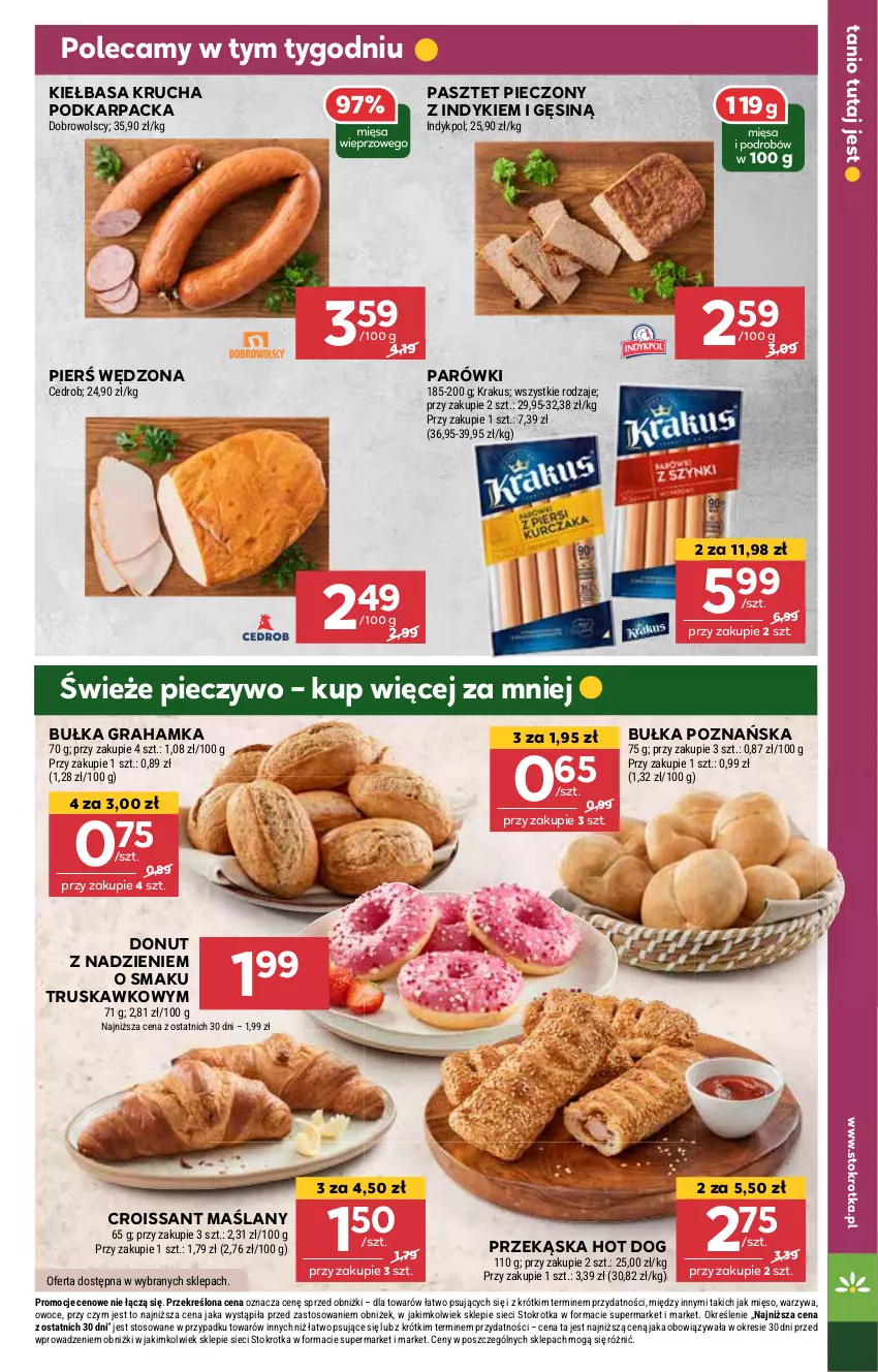 Gazetka promocyjna Stokrotka - Supermarket - ważna 16.01 do 22.01.2025 - strona 11 - produkty: Bułka, Bułka grahamka, Croissant, Donut, Gra, Hot dog, Karp, Kiełbasa, Kiełbasa krucha, Krakus, Mięso, Owoce, Parówki, Pasztet, Piec, Pieczywo, Warzywa