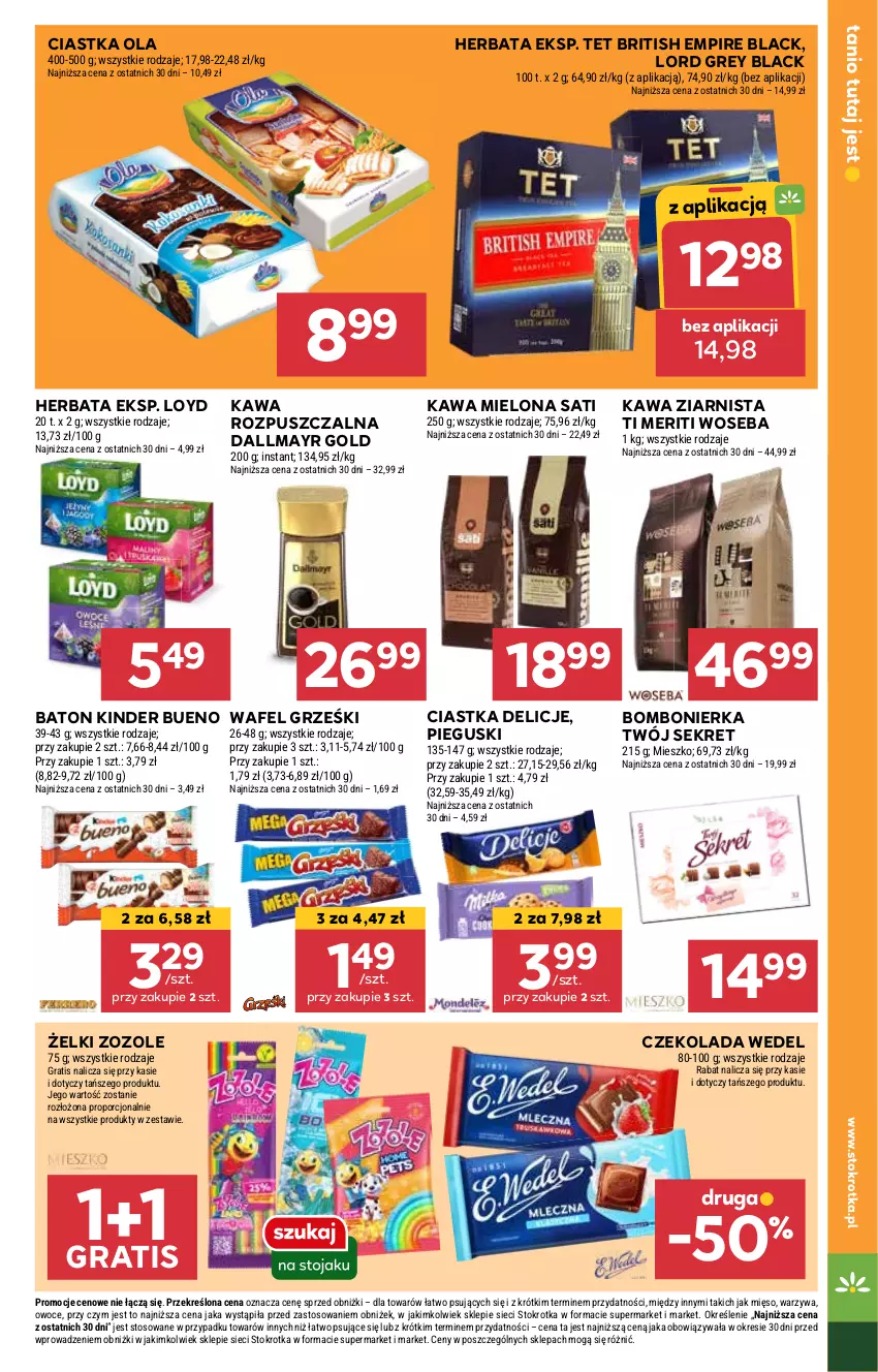 Gazetka promocyjna Stokrotka - Supermarket - ważna 16.01 do 22.01.2025 - strona 15 - produkty: Baton, Brit, Ciastka, Czekolada, Dallmayr, Delicje, Gra, Grześki, Herbata, Kawa, Kawa mielona, Kawa rozpuszczalna, Kawa ziarnista, Kinder, Kinder Bueno, Kret, Lack, Loyd, Mięso, Owoce, Por, Sati, Warzywa, Woseba