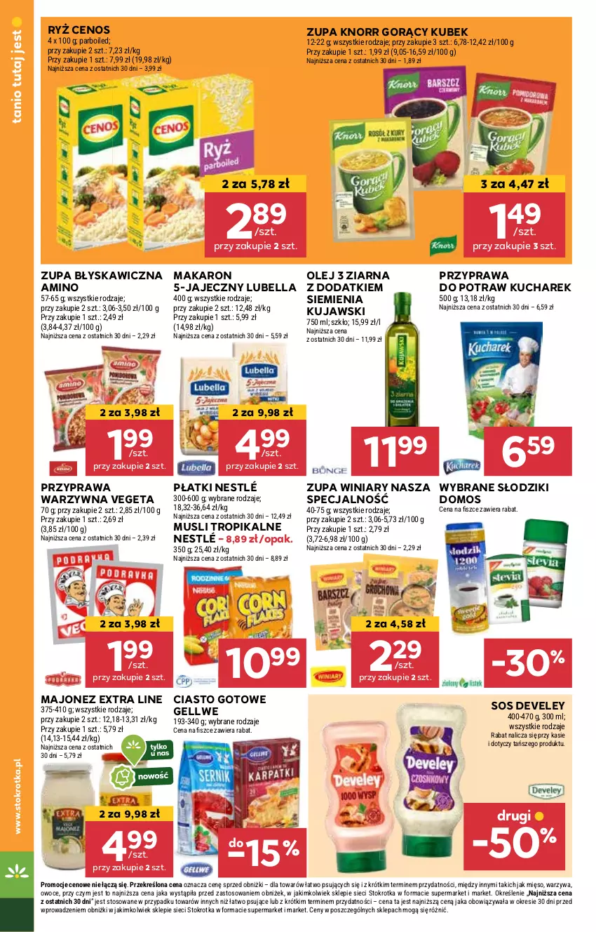 Gazetka promocyjna Stokrotka - Supermarket - ważna 16.01 do 22.01.2025 - strona 16 - produkty: Bell, Bella, Cenos, Knorr, Kubek, Kucharek, Kujawski, Lubella, Majonez, Makaron, Mięso, Mus, Nestlé, Olej, Owoce, Przyprawa do potraw, Ryż, Sos, Vegeta, Warzywa, Winiary, Zupa