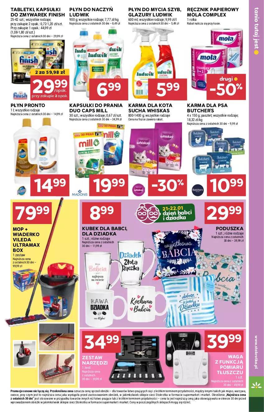 Gazetka promocyjna Stokrotka - Supermarket - ważna 16.01 do 22.01.2025 - strona 21 - produkty: Finish, Kapsułki do prania, Kubek, Lazur, Ludwik, Mięso, Mola, Mop, Owoce, Papier, Pasztet, Płyn do mycia, Poduszka, Pronto, Rama, Ręcznik, Tablet, Vileda, Waga, Warzywa, Whiskas, Zestaw narzędzi