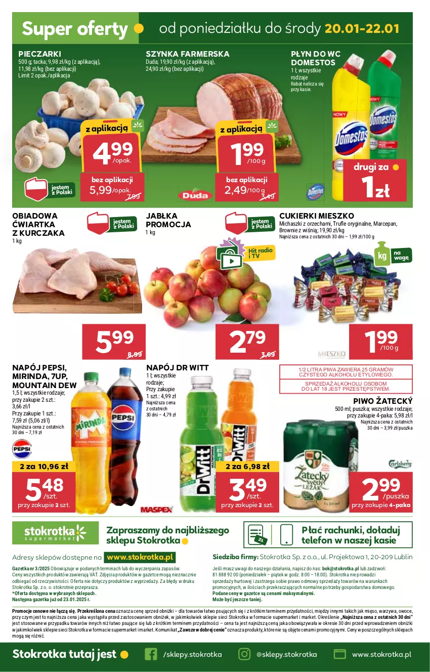 Gazetka promocyjna Stokrotka - Supermarket - ważna 16.01 do 22.01.2025 - strona 28 - produkty: 7up, Cukier, Cukierki, Domestos, Dres, Fa, Gin, Gra, Jabłka, JBL, Kurczak, Mięso, Mirinda, Napój, O nas, Owoce, Pepsi, Piec, Piwa, Piwo, Płyn do wc, Szynka, Szynka farmerska, Telefon, Wagi, Warzywa