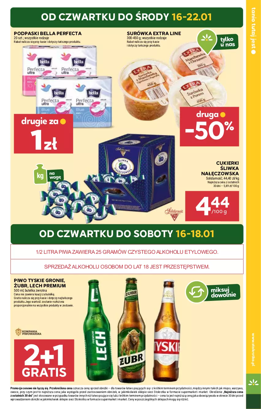 Gazetka promocyjna Stokrotka - Supermarket - ważna 16.01 do 22.01.2025 - strona 3 - produkty: Bell, Bella, Cukier, Cukierki, Gra, Lech Premium, Mięso, Owoce, Perfecta, Piwa, Piwo, Podpaski, Por, Surówka, Tyskie, Warzywa