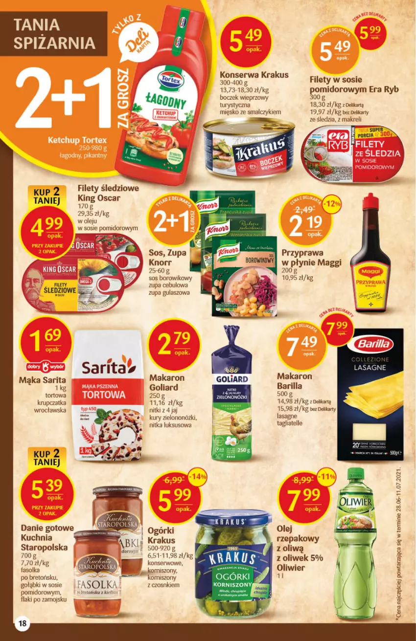 Gazetka promocyjna Delikatesy Centrum - Gazetka Delikatesy Centrum - ważna 02.09 do 08.09.2021 - strona 18 - produkty: Barilla, Boczek, Boczek wieprzowy, Danie gotowe, Era Ryb, Fa, Flaki, Flaki po zamojsku, Goliard, Knorr, Korniszony, Krakus, Lasagne, Maggi, Mąka, Makaron, Olej, Olej rzepakowy, Przyprawa w płynie, Sarita, Ser, Sos, Tagliatelle, Wiko, Zupa, Zupa cebulowa