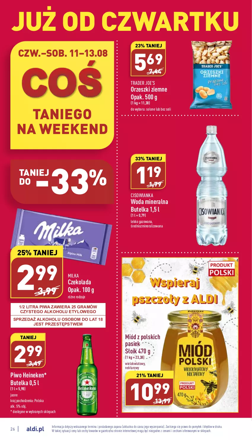 Gazetka promocyjna Aldi - Katalog spożywczy - ważna 08.08 do 13.08.2022 - strona 26 - produkty: Cisowianka, Czekolada, Gra, Heineken, Milka, Miód, Nektar, Orzeszki, Orzeszki ziemne, Piwa, Piwo, Woda, Woda mineralna