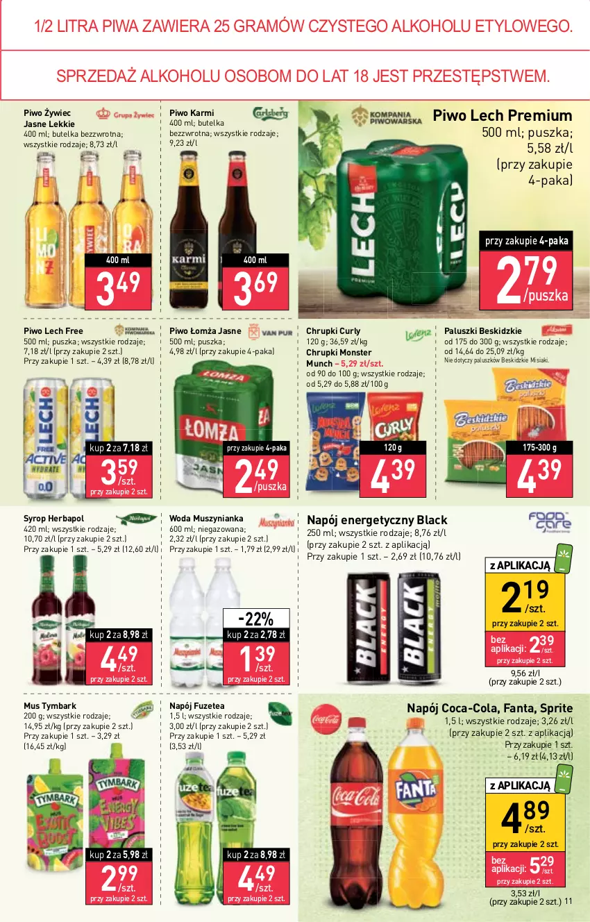 Gazetka promocyjna Stokrotka - Supermarket - ważna 29.09 do 05.10.2022 - strona 11 - produkty: Beskidzki, Chrupki, Coca-Cola, Fa, Fanta, Gra, Herbapol, Karmi, Lack, Lech Premium, Monster Munch, Mus, Muszynianka, Napój, Napój energetyczny, Piwa, Piwo, Sprite, Syrop, Tymbark, Woda