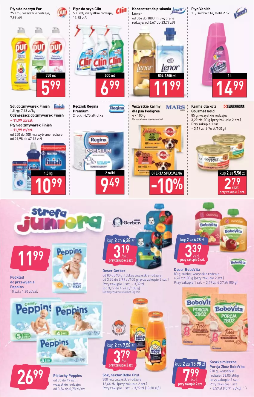 Gazetka promocyjna Stokrotka - Supermarket - ważna 29.09 do 05.10.2022 - strona 13 - produkty: BoboVita, Clin, Deser, Finish, Gerber, Gin, Gourmet Gold, Lenor, Nektar, Pedigree, Pieluchy, Płyn do szyb, Podkład, Por, Pur, Ręcznik, Rolki, Ser, Sok, Sól, Vanish