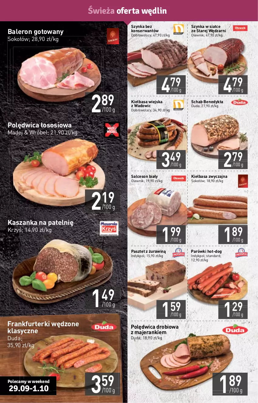 Gazetka promocyjna Stokrotka - Supermarket - ważna 29.09 do 05.10.2022 - strona 4 - produkty: Duda, Frankfurterki, Kasza, Kaszanka, Kiełbasa, Kiełbasa wiejska, Olewnik, Parówki, Pasztet, Polędwica, Salceson, Schab Benedykta, Ser, Sok, Sokołów, Sos, Szynka