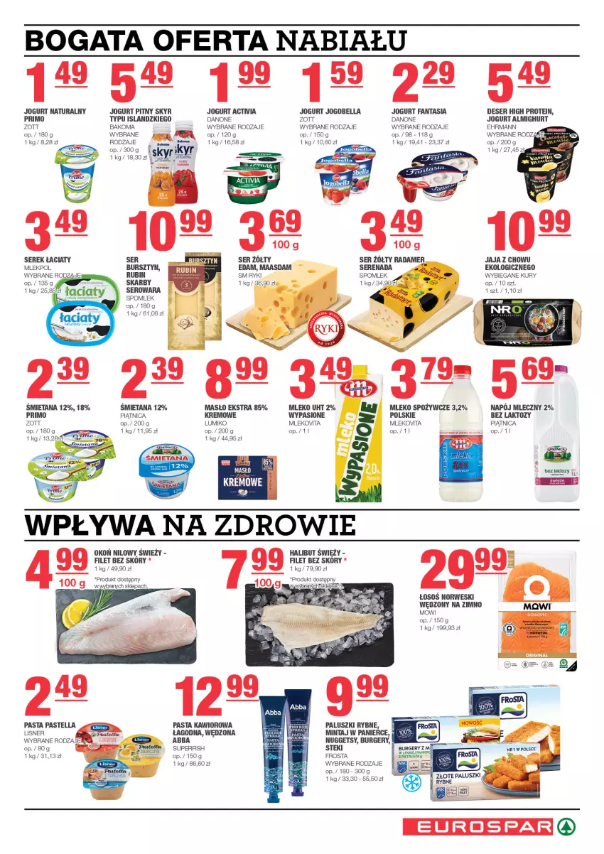 Gazetka promocyjna Spar - EuroSpar - ważna 01.12 do 11.12.2024 - strona 3 - produkty: Bakoma, Bell, Bella, Burger, Danone, Deser, Edam, Fa, Fanta, Frosta, Halibut, Isla, Jaja, Jogobella, Jogurt, Jogurt naturalny, Jogurt pitny, Kawior, Lisner, Maasdam, Masło, Mintaj, Mleko, Mlekovita, Paluszki rybne, Pastella, Piątnica, Radamer, Ser, Serek, Sos, Stek, Zott