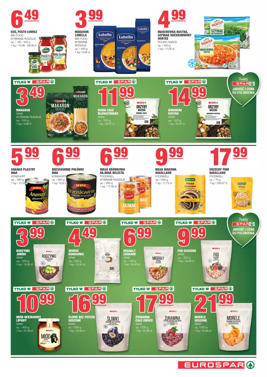 Gazetka promocyjna Spar - EuroSpar - ważna 01.12 do 11.12.2024 - strona 5 - produkty: Ananas, Bakalland, Bell, Bella, Brzoskwinie, Delecta, Figi, Grzyby, Hortex, Kokos, Lubella, Makaron, Marchewka, Masa krówkowa, Migdały, Ogród, Owoce, Pesto, Rodzynki, Sos, Spaghetti, Stek, Szpinak