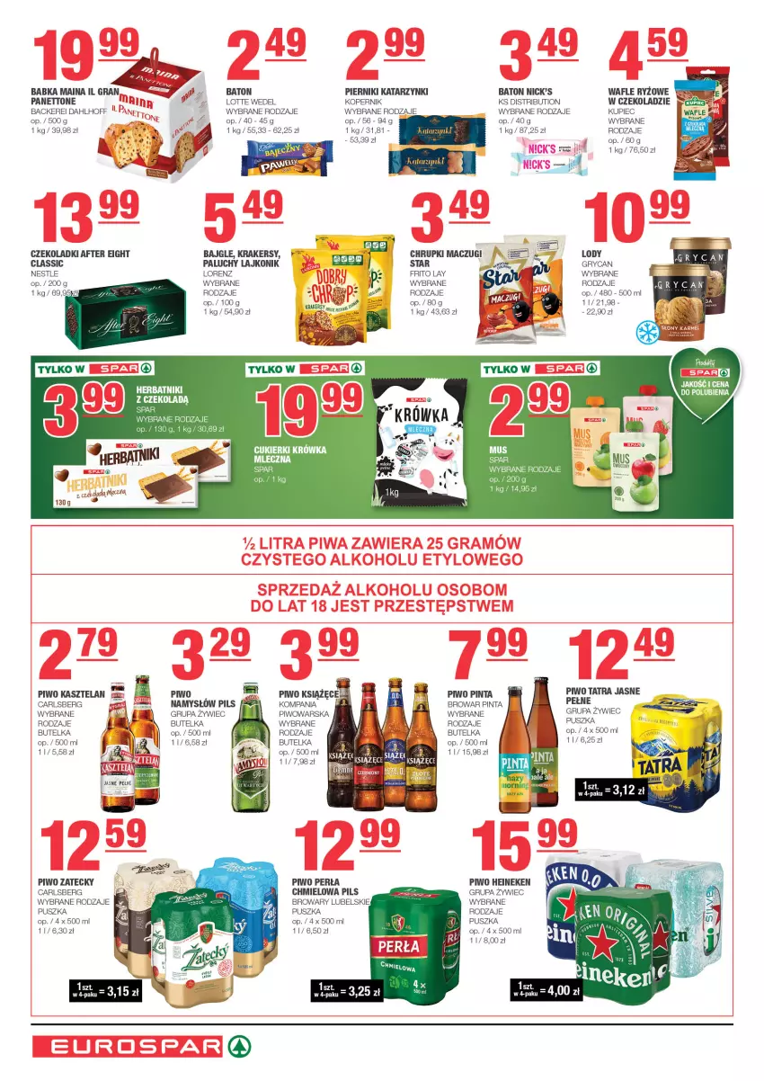 Gazetka promocyjna Spar - EuroSpar - ważna 01.12 do 11.12.2024 - strona 6 - produkty: Babka, Bajgle, Baton, Carlsberg, Chrupki, Cukier, Cukierki, Gra, Gry, Heineken, Herbatniki, Kasztelan, Krakersy, Książęce, Kupiec, Lajkonik, Lody, Lorenz, Mus, Namysłów, Perła, Piec, Piernik, Piwo, Ryż, Szal, Tatra, Wafle