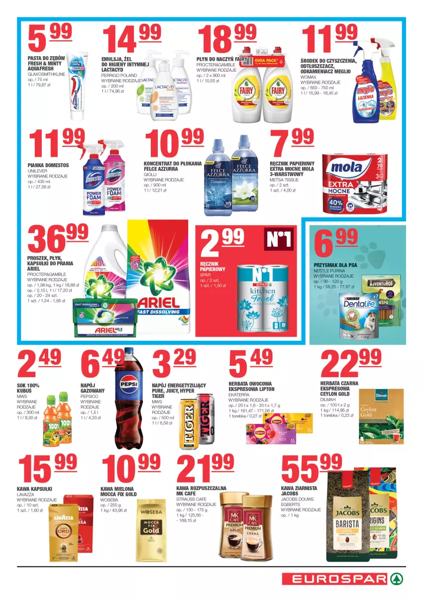 Gazetka promocyjna Spar - EuroSpar - ważna 01.12 do 11.12.2024 - strona 7 - produkty: Aquafresh, Ariel, Dilmah, Domestos, Emulsja, Herbata, Herbata czarna, Herbata owocowa, Jacobs, Kapsułki do prania, Kawa, Kawa mielona, Kawa rozpuszczalna, Kawa ziarnista, Kubuś, Lactacyd, Lavazza, Lipton, Mocca Fix Gold, Mola, Napój, Odkamieniacz, Odtłuszczacz, Papier, Pasta do zębów, Pepsi, Pur, Ręcznik, Sok, Tiger, Torebka, Woseba