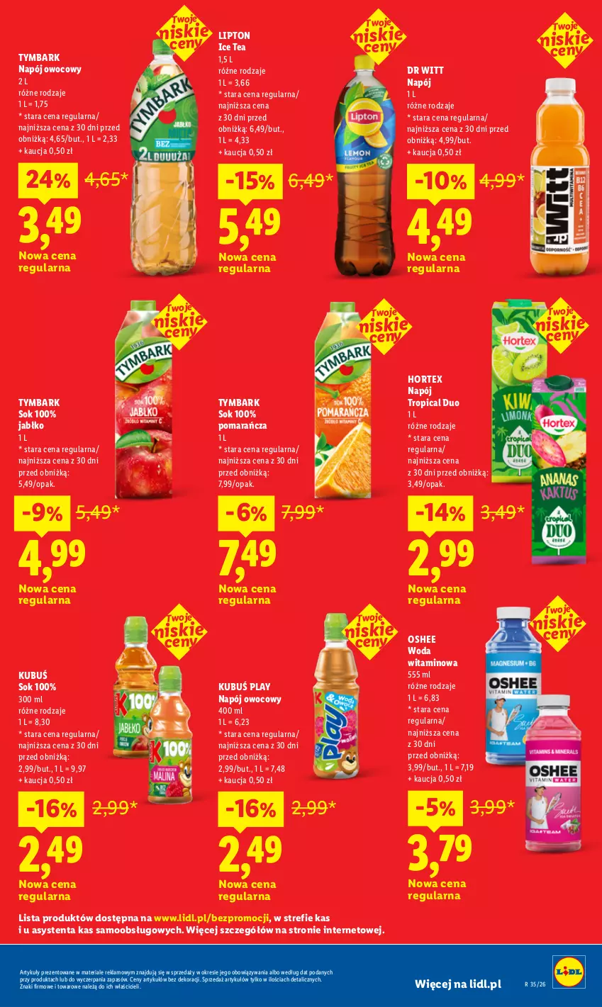 Gazetka promocyjna Lidl - Gazetka ważna od 24.08 do 26.08 - ważna 24.08 do 26.08.2026 - strona 29 - produkty: Hortex, Ice tea, Kubuś, Lipton, Napój, Oshee, Sok, Tropical, Tymbark, Woda