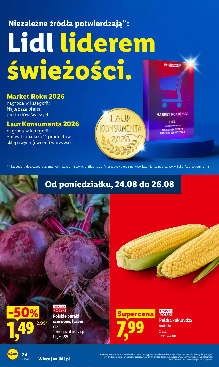 Gazetka promocyjna Lidl - Gazetka ważna od 24.08 do 26.08 - ważna 24.08 do 26.08.2026 - strona 36 - produkty: Buraki, Kukurydza, Laur, Owoce, Warzywa