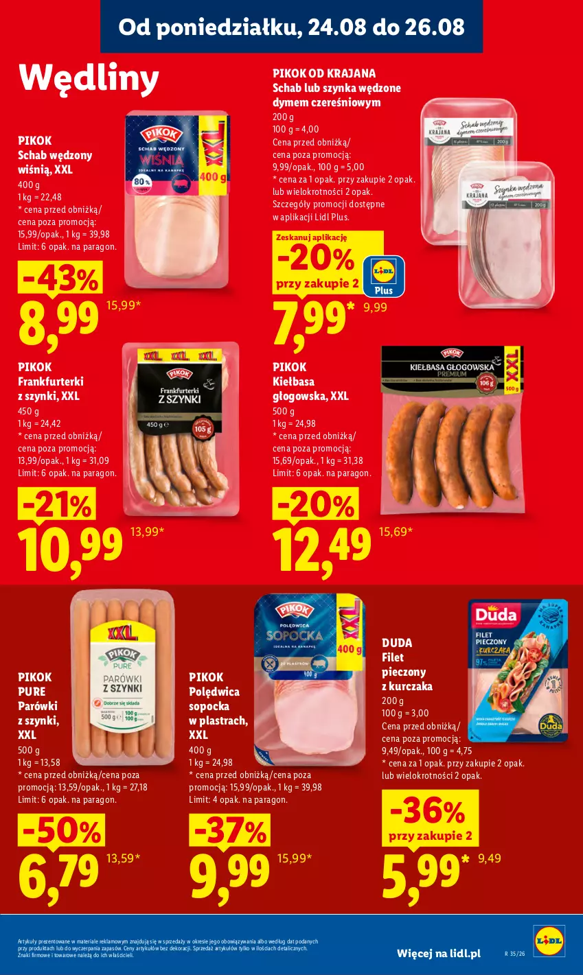 Gazetka promocyjna Lidl - Gazetka ważna od 24.08 do 26.08 - ważna 24.08 do 26.08.2026 - strona 49 - produkty: Duda, Frankfurterki, Kiełbasa, Kiełbasa głogowska, Kurczak, Parówki, Parówki z szynki, Piec, PIKOK, Polędwica, Pur, Szynka