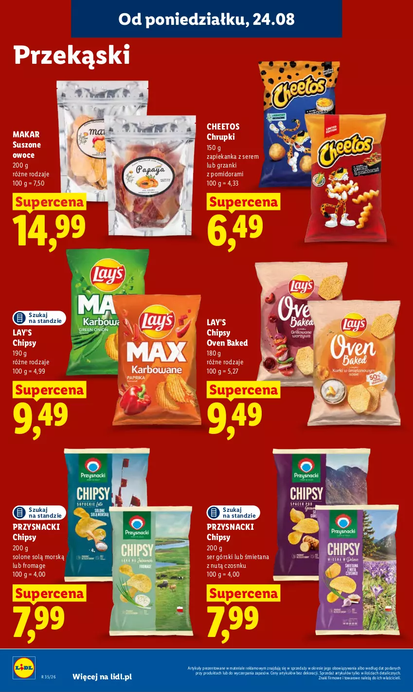 Gazetka promocyjna Lidl - Gazetka ważna od 24.08 do 26.08 - ważna 24.08 do 26.08.2026 - strona 80 - produkty: Cheetos, Chipsy, Chrupki, Lay’s, Owoce, Przysnacki, Ser, Zapiekanka