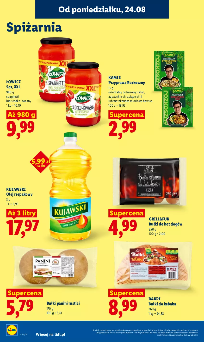 Gazetka promocyjna Lidl - Gazetka ważna od 24.08 do 26.08 - ważna 24.08 do 26.08.2026 - strona 86 - produkty: Bułki do hot dogów, Grill, Hot dog, Kamis, Kebab, Kosz, Kujawski, Olej, Olej rzepakowy, Rust, Sos, Spaghetti