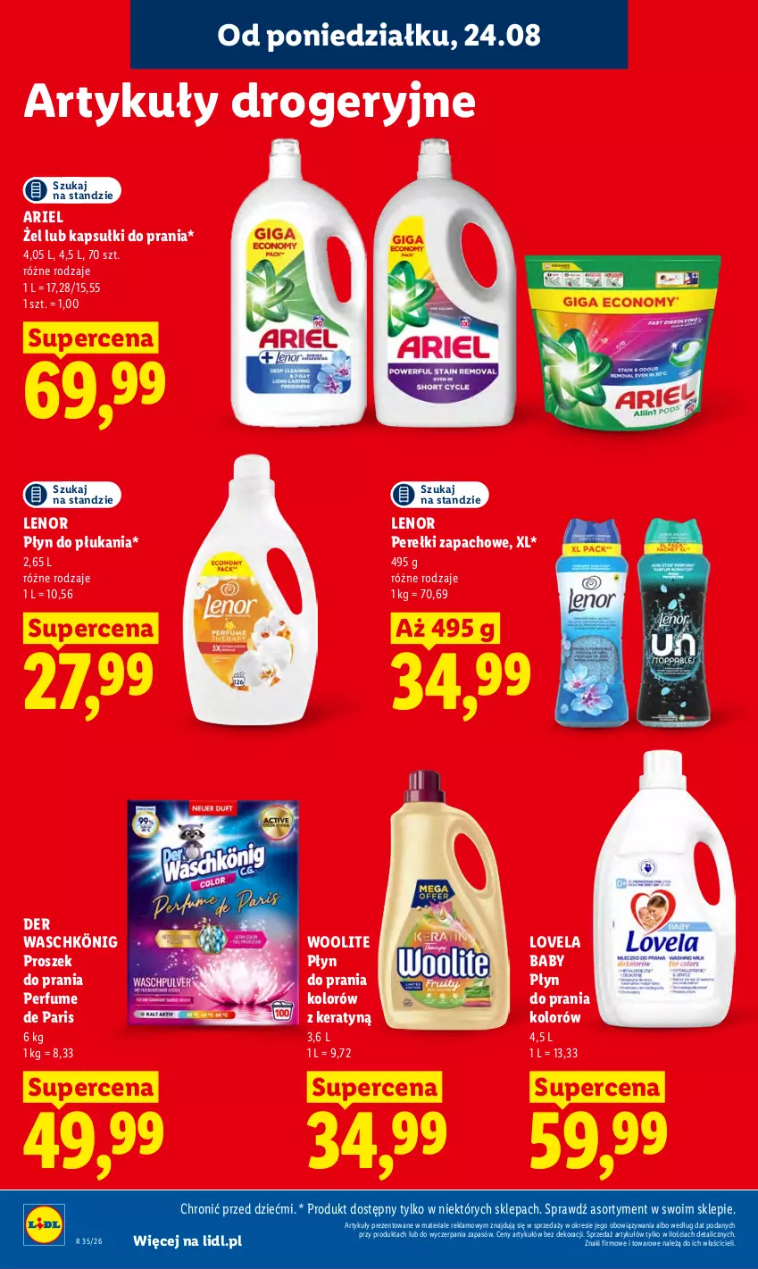 Gazetka promocyjna Lidl - Gazetka ważna od 24.08 do 26.08 - ważna 24.08 do 26.08.2026 - strona 92 - produkty: Ariel, Kapsułki do prania, König, Lenor, Lovela, Perełki zapachowe, Perfum, Płyn do płukania, Płyn do prania, Proszek do prania, Woolite