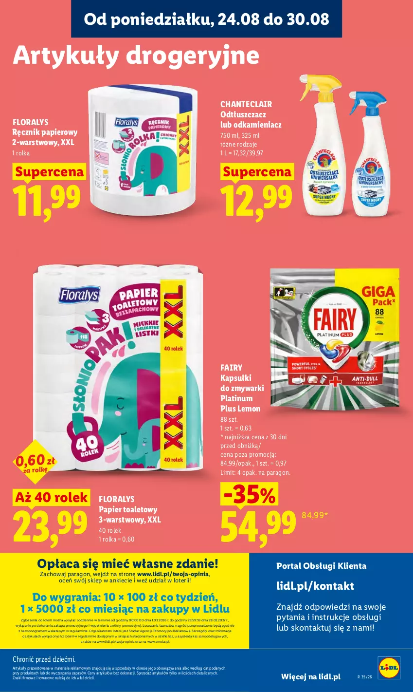 Gazetka promocyjna Lidl - Gazetka ważna od 24.08 do 26.08 - ważna 24.08 do 26.08.2026 - strona 93 - produkty: Fa, Fairy, Flora, Gra, Laur, Mola, Odkamieniacz, Odtłuszczacz, Papier, Papier toaletowy, Por, Portal, Ręcznik, Zmywarki