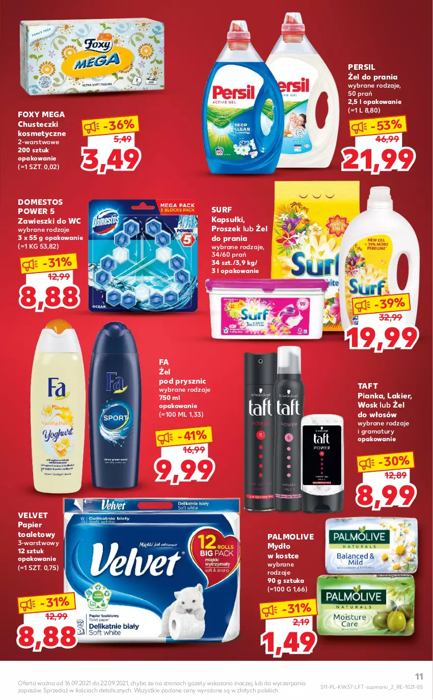 Gazetka promocyjna Kaufland - OFERTA TYGODNIA - ważna 16.09 do 22.09.2021 - strona 11 - produkty: Chusteczki, Chusteczki kosmetyczne, Domestos, Fa, Foxy, Gra, Lakier, Mydło, Palmolive, Papier, Papier toaletowy, Persil, Rama, Surf, Taft, Velvet, Zawieszki