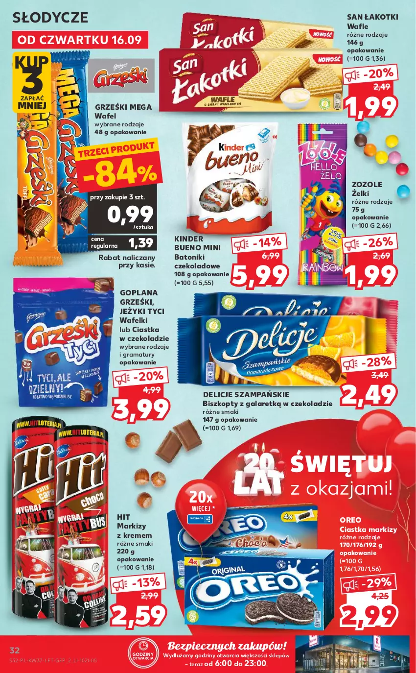 Gazetka promocyjna Kaufland - OFERTA TYGODNIA - ważna 16.09 do 22.09.2021 - strona 32 - produkty: Baton, Biszkopty, Ciastka, Delicje, Gala, Goplana, Gra, Grześki, Jeżyki, Kinder, Kinder Bueno, LANA, Oreo, Piec, Rama, Tera, Tonik, Wafle