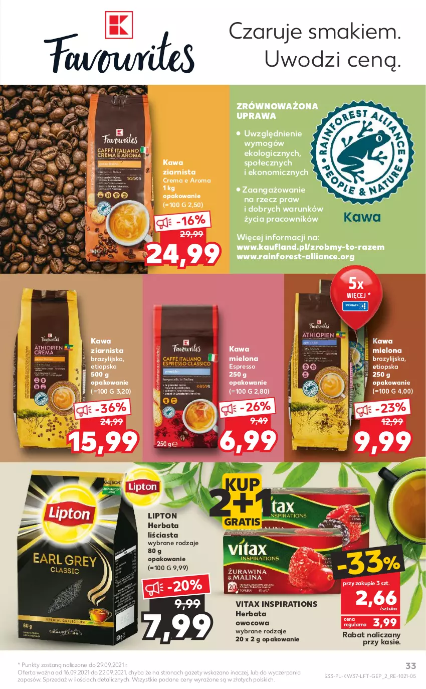 Gazetka promocyjna Kaufland - OFERTA TYGODNIA - ważna 16.09 do 22.09.2021 - strona 33 - produkty: Gra, Herbata, Herbata owocowa, Kawa, Kawa mielona, Kawa ziarnista, Lipton, Vitax