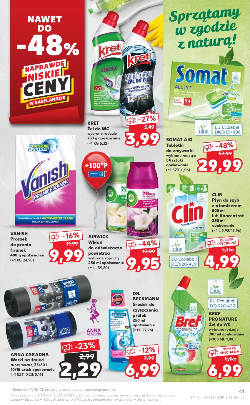 Gazetka promocyjna Kaufland - OFERTA TYGODNIA - ważna 16.09 do 22.09.2021 - strona 41 - produkty: Bref, Clin, Kret, Płyn do szyb, Proszek do prania, Somat, Tablet, Tabletki do zmywarki, Vanish, Worki na śmiec, Worki na śmieci, Zmywarki