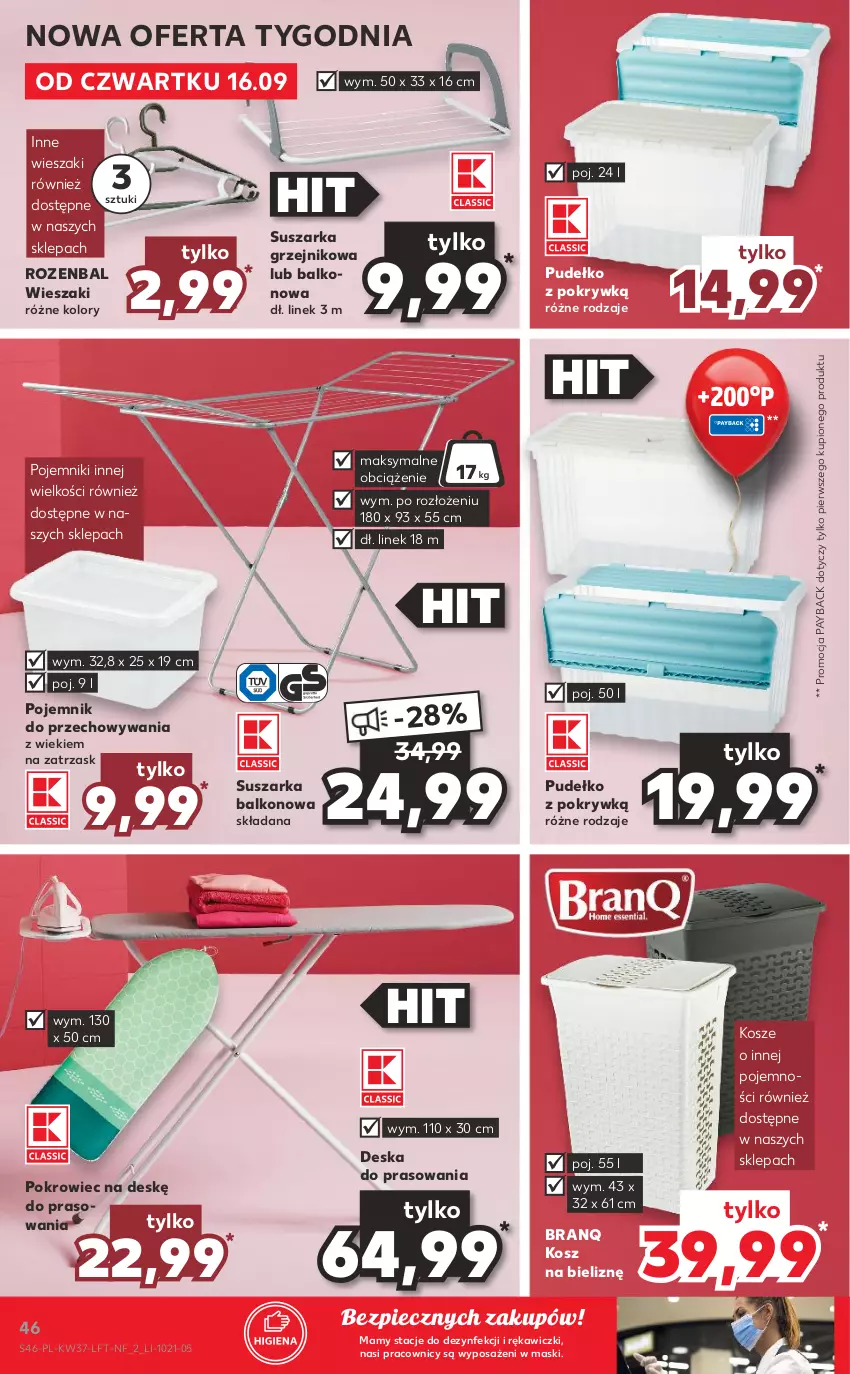 Gazetka promocyjna Kaufland - OFERTA TYGODNIA - ważna 16.09 do 22.09.2021 - strona 46 - produkty: Deska do prasowania, Grzejnik, Kosz, Kosz na bieliznę, NBA, Piec, Pojemnik, Pojemnik do przechowywania, Pokrowiec, Pokrowiec na deskę, Pudełko, Suszarka, Suszarka balkonowa, Wieszak