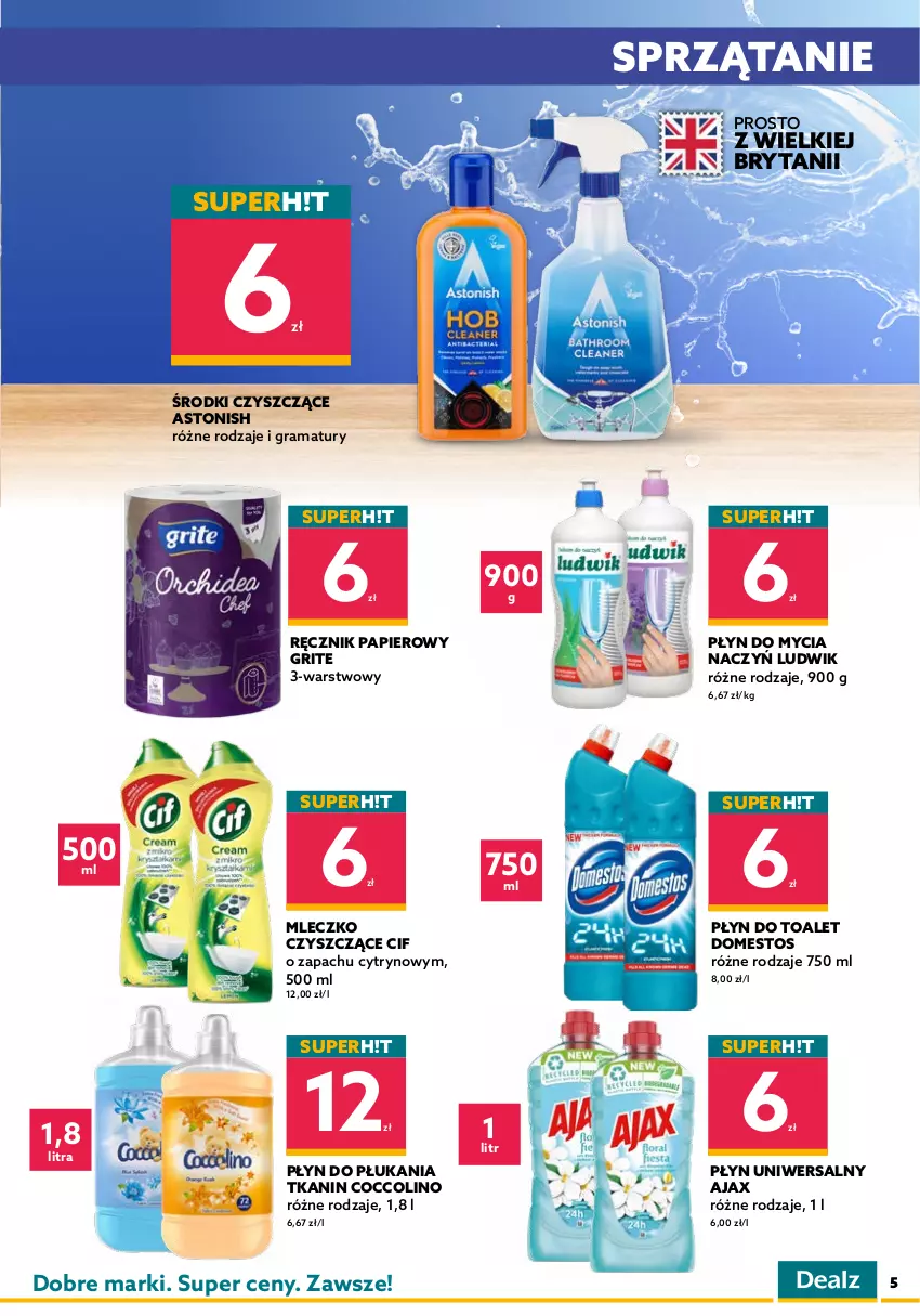 Gazetka promocyjna Dealz - WIELKIE OTWARCIE 22.06.2022 🥳Pszczyna, N-Park - ważna 22.06 do 05.07.2022 - strona 5 - produkty: Ajax, Aquafresh, Cif, Coccolino, Do mycia naczyń, Domestos, Dove, Gillette, Gra, Klej, Kostka myjąca, Ludwik, Mleczko, Mydło, Mydło w płynie, Odżywka, Olej, Papier, Pasta do zębów, Pianka do golenia, Płatki kosmetyczne, Płyn do mycia, Płyn do mycia naczyń, Płyn do płukania, Pur, Rama, Ręcznik, Sprzątanie, Szampon, Sztuczne rzęsy