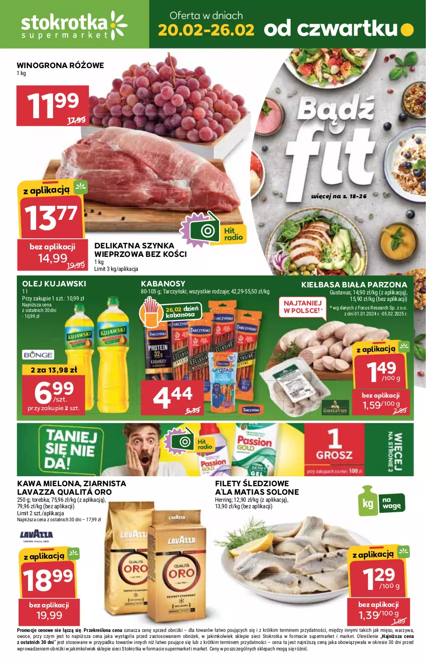 Gazetka promocyjna Stokrotka - Supermarket Opole/Radom - ważna 20.02 do 26.02.2025 - strona 1 - produkty: Kabanos, Kawa, Kawa mielona, Kiełbasa, Kiełbasa biała, Kujawski, Lavazza, Mięso, Olej, Owoce, Szynka, Szynka wieprzowa, Tarczyński, Torebka, Warzywa, Wino, Winogrona