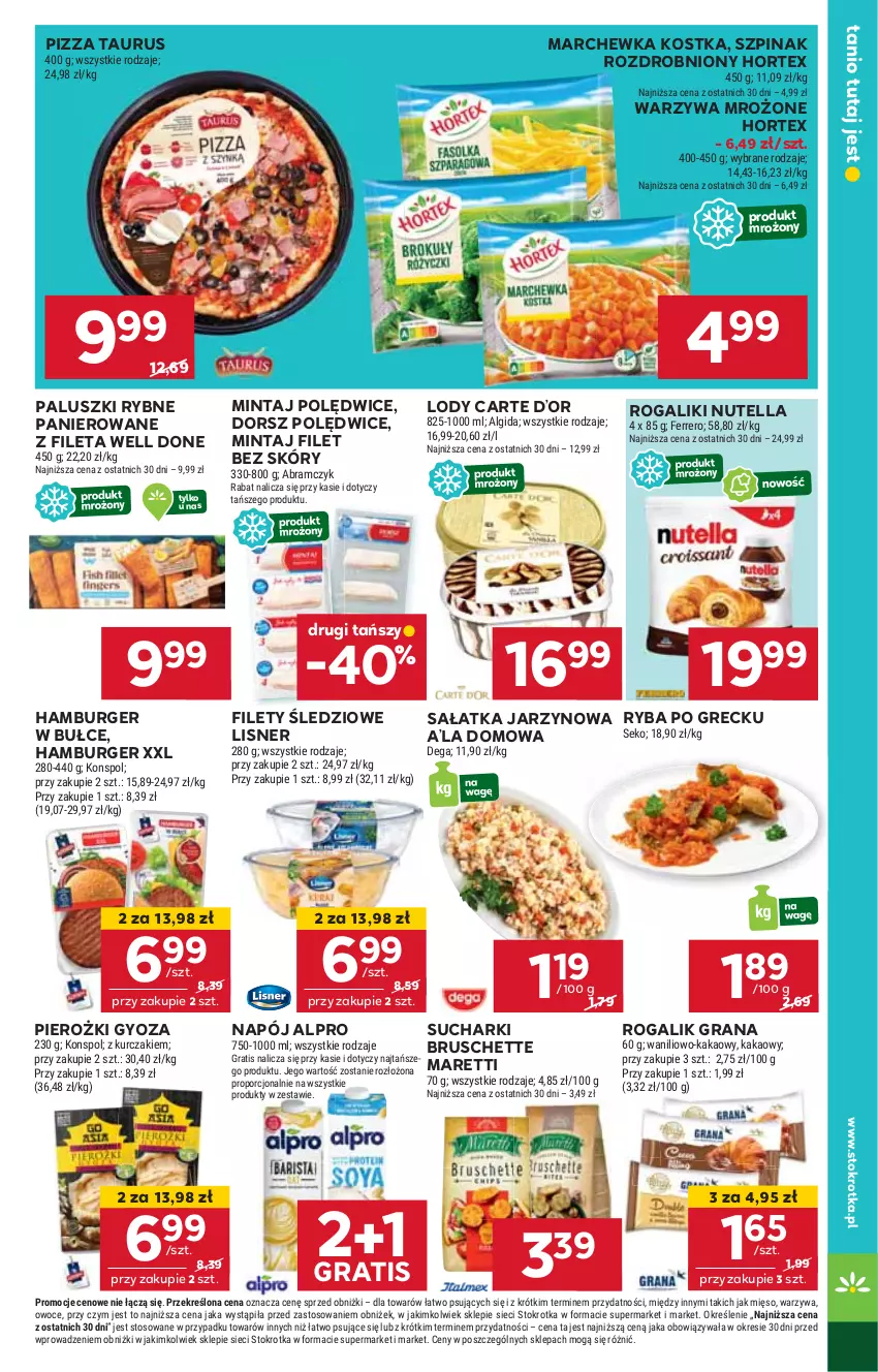 Gazetka promocyjna Stokrotka - Supermarket Opole/Radom - ważna 20.02 do 26.02.2025 - strona 29 - produkty: Alpro, Bruschette, Burger, Dorsz, Gra, Hamburger, Hortex, HP, Lisner, Lody, Marchewka, Mintaj, Napój, Nutella, Paluszki rybne, Pizza, Rogal, Ryba, Ryba po grecku, Sałat, Sałatka, Szpinak, Warzywa