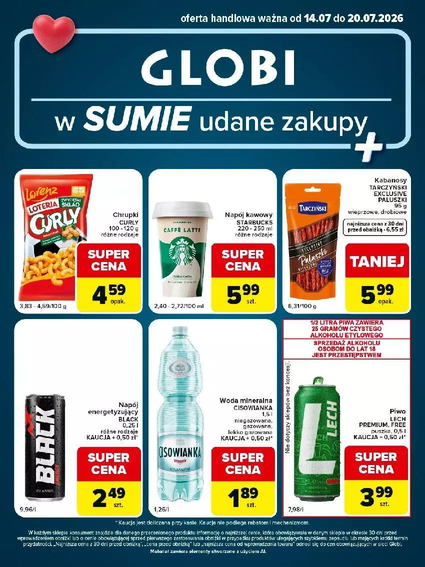 Gazetka promocyjna Carrefour - Gazetka Globi w SUMIE udane zakupy - ważna 14.07 do 20.07.2026 - strona 1 - produkty: Chrupki, Cisowianka, Gra, Kabanos, Lack, Lech Premium, Napój, Piwo, Tarczyński, Woda, Woda mineralna