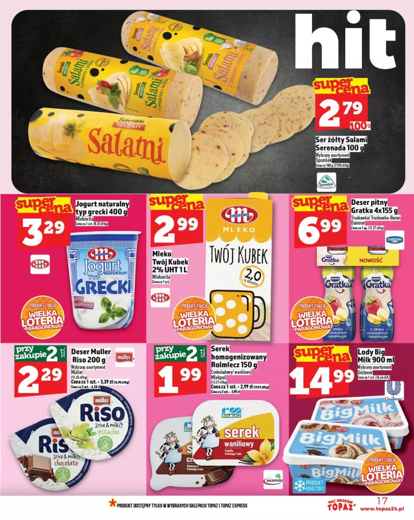 Gazetka promocyjna Topaz - Gazetka - ważna 16.10 do 22.10.2025 - strona 17 - produkty: Danone, Deser, Gra, Jogurt, Jogurt naturalny, Kubek, Lody, Mleko, Mlekovita, Rolmlecz, Ser, Top, Vita C