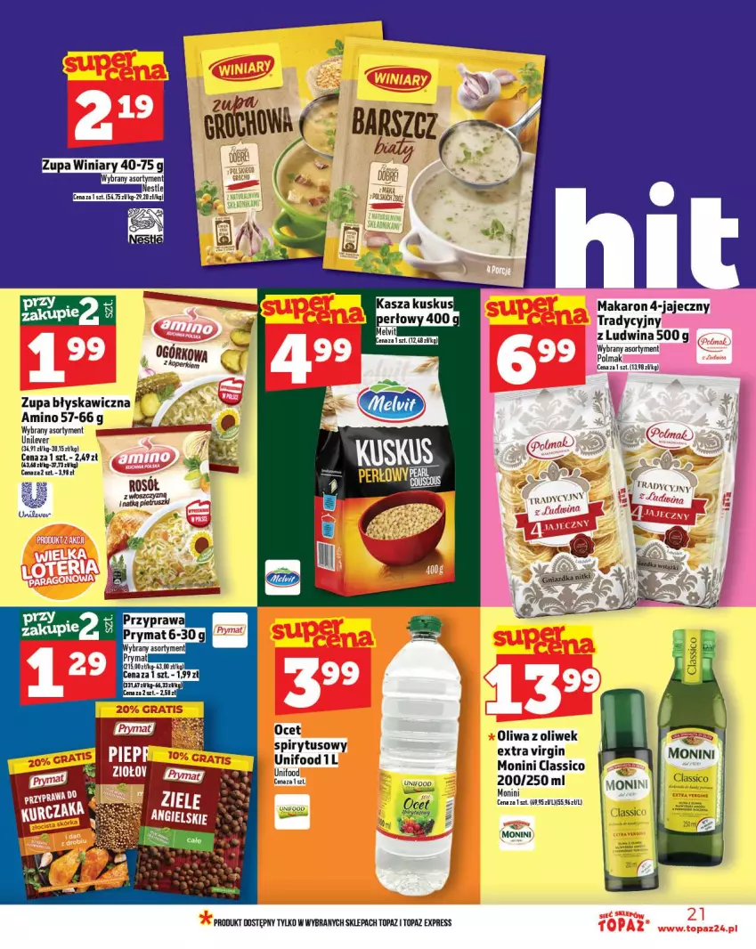 Gazetka promocyjna Topaz - Gazetka - ważna 16.10 do 22.10.2025 - strona 21 - produkty: Gin, Kuskus, Makaron, Monini, Ocet, Oliwa, Oliwa z oliwek, Olma, Rosół, Top, Zupa