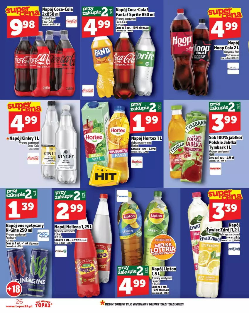 Gazetka promocyjna Topaz - Gazetka - ważna 16.10 do 22.10.2025 - strona 26 - produkty: Coca-Cola, Fa, Fanta, Gin, Hellena, Hoop, Jabłka, Napój, Napój energetyczny, Sok, Sprite, Top, Tymbark