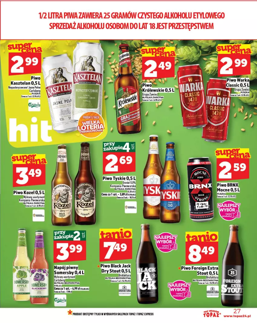 Gazetka promocyjna Topaz - Gazetka - ważna 16.10 do 22.10.2025 - strona 27 - produkty: Carlsberg, Fa, Gra, Kasztelan, Kozel, Królewski, Lack, Napój, Pax, Piwa, Piwo, Somersby, Top, Tyskie, Warka