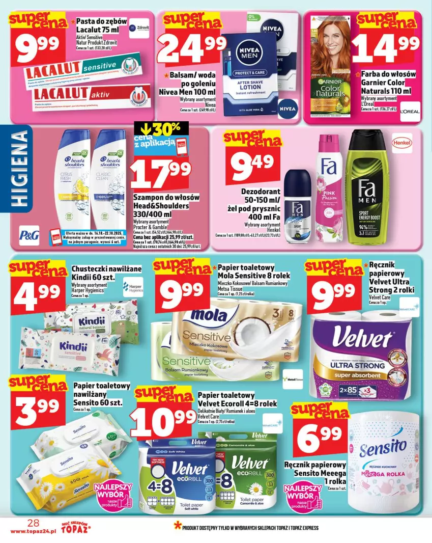 Gazetka promocyjna Topaz - Gazetka - ważna 16.10 do 22.10.2025 - strona 28 - produkty: Dezodorant, Fa, Farba do włosów, Garnier, Kokos, Lacalut, Mleczko, Nivea, Nivea Men, Pasta do zębów, Szampon, Top, Woda