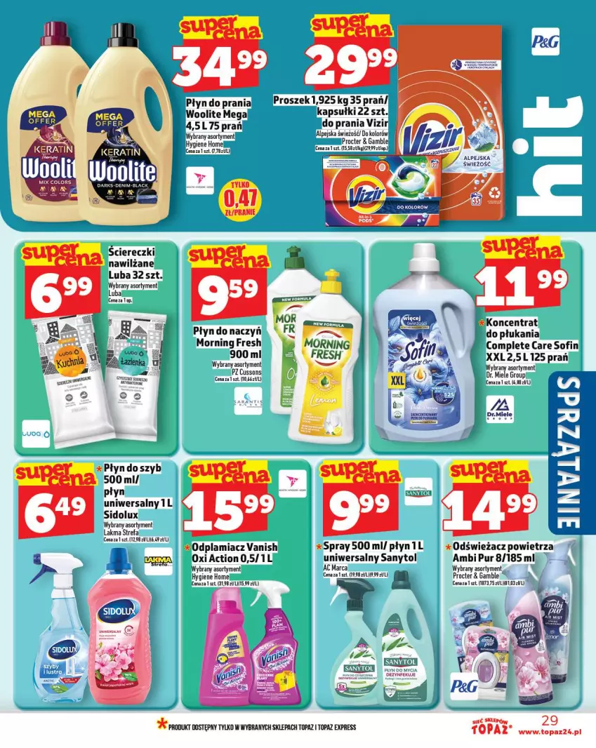 Gazetka promocyjna Topaz - Gazetka - ważna 16.10 do 22.10.2025 - strona 29 - produkty: Ambi Pur, Fa, Odplamiacz, Odświeżacz powietrza, Płyn do mycia, Płyn do prania, Płyn do szyb, Pur, Sanytol, Sidolux, Top, Vanish, Vizir, Woolite