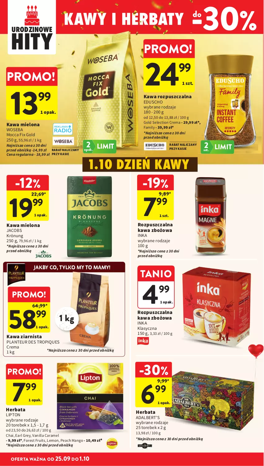 Gazetka promocyjna Intermarche - Gazetka promocyjna - ważna 25.09 do 01.10.2025 - strona 32 - produkty: Earl Grey, Fa, Herbata, Inka, Jacobs, Jacobs Krönung, Kawa, Kawa mielona, Kawa rozpuszczalna, Kawa ziarnista, Lipton, Mango, Mocca Fix Gold, Woseba