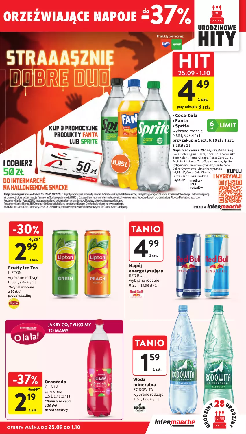 Gazetka promocyjna Intermarche - Gazetka promocyjna - ważna 25.09 do 01.10.2025 - strona 37 - produkty: Coca-Cola, Fa, Fanta, Gin, Ice tea, Lipton, Napój, Red Bull, Sprite, Woda, Woda mineralna