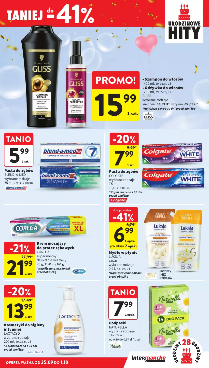 Gazetka promocyjna Intermarche - Gazetka promocyjna - ważna 25.09 do 01.10.2025 - strona 39 - produkty: Blend-a-Med, Colgate, Corega, Lactacyd, LG, Luksja, Naturell, Naturella, Odżywka, Podpaski, Szampon