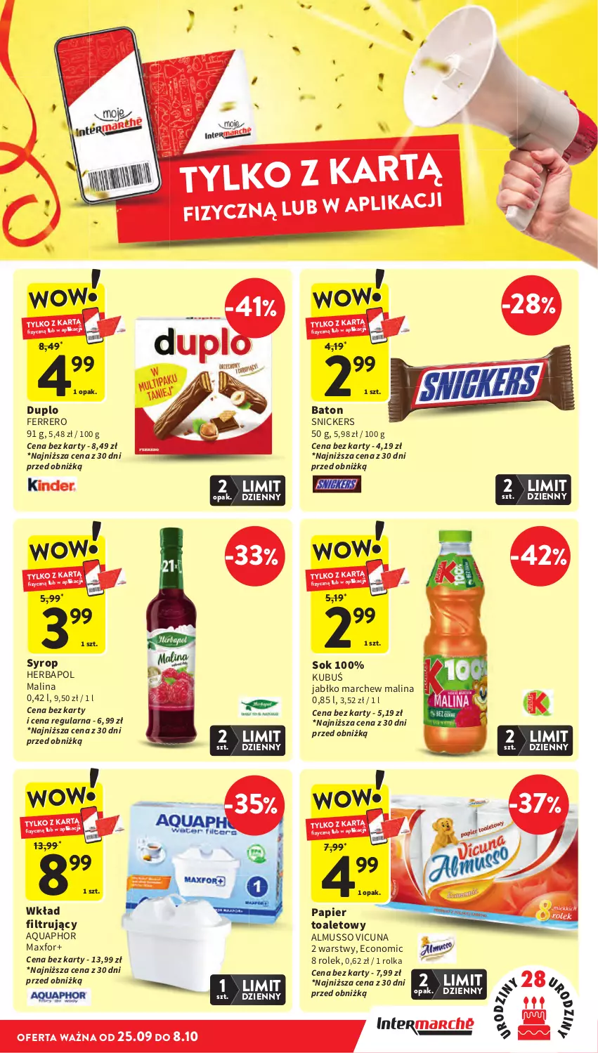 Gazetka promocyjna Intermarche - Gazetka promocyjna - ważna 25.09 do 01.10.2025 - strona 9 - produkty: Aquaphor, Baton, Ferrero, Herbapol, Kubuś, Mus, Papier, Snickers, Sok, Syrop
